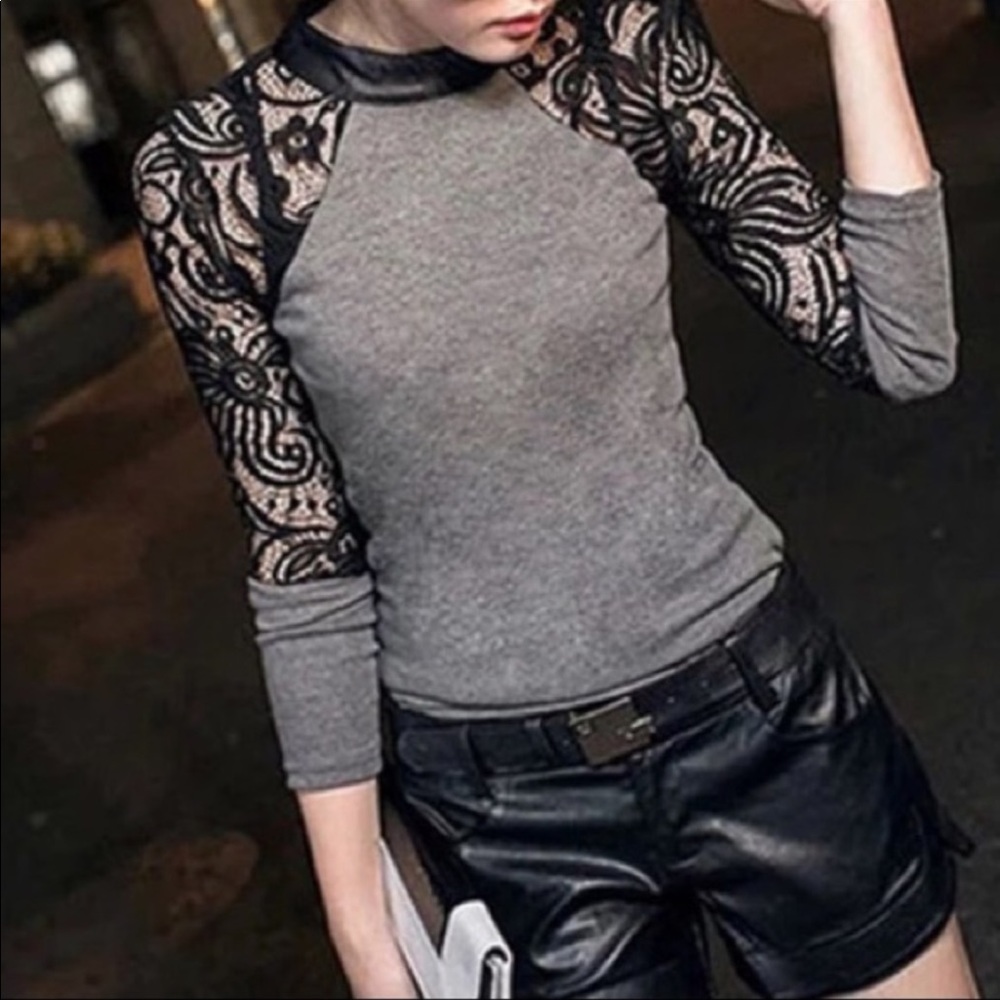Lace sleeves sexy top blouse with lace details